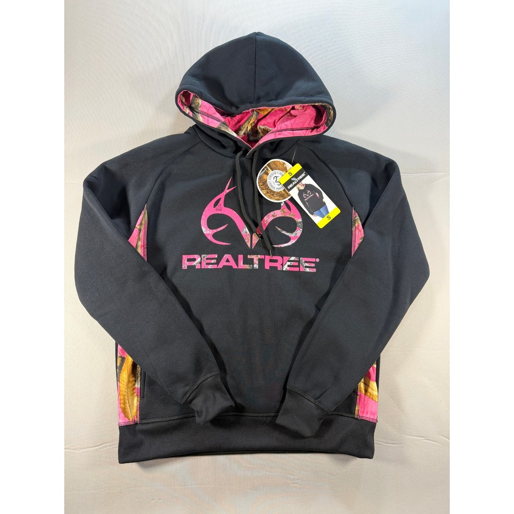 Realtree Edge Pink Camo Logo Hoodie Black Sweatshirt Small NWT 1553041
